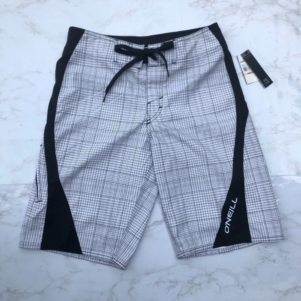O’neill black and plaid men’s swim board shorts size 28